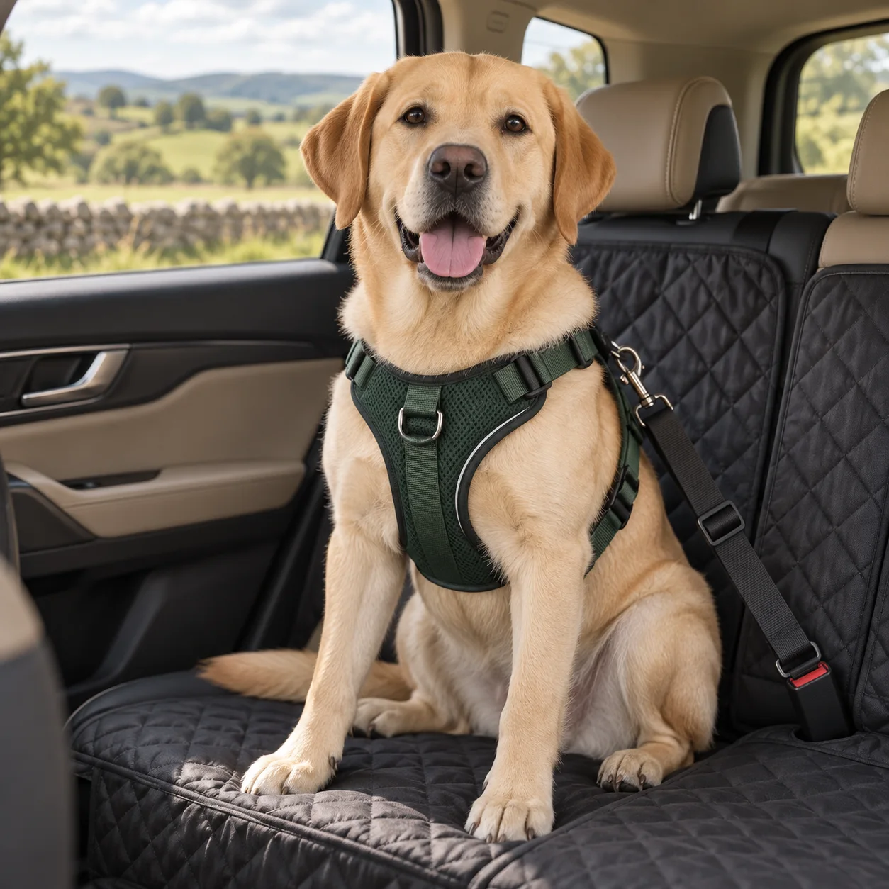 Labrador wearing a correctly fitted travel harness on a protected rear seat