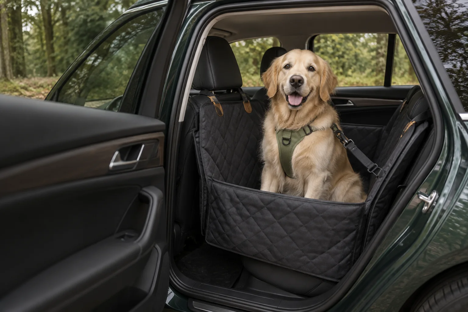 Golden retriever resting in a waterproof protected car boot