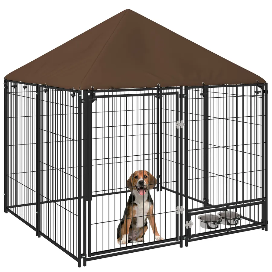 Outdoor Dog House Kennel with Canopy Top & Secure Lock Rotating Bowl Holder | Wag & Ride product image 1