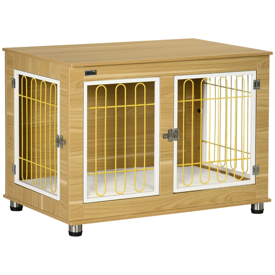 Dog Crate Furniture, Dog Crate End Table with Soft Cushion, Double Door - Oak Tone | Wag & Ride product image 1