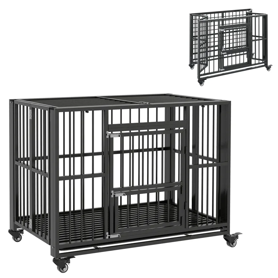 PawHut 43" Foldable Heavy Duty Dog Crate with Locks, Removable Tray, Wheels | Wag & Ride product image 1