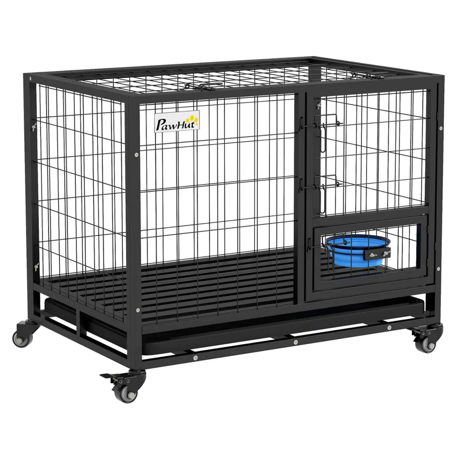 PawHut 43" Heavy Duty Dog Crate on Wheels with Bowl Holder, Removable Tray | Wag & Ride product image 1