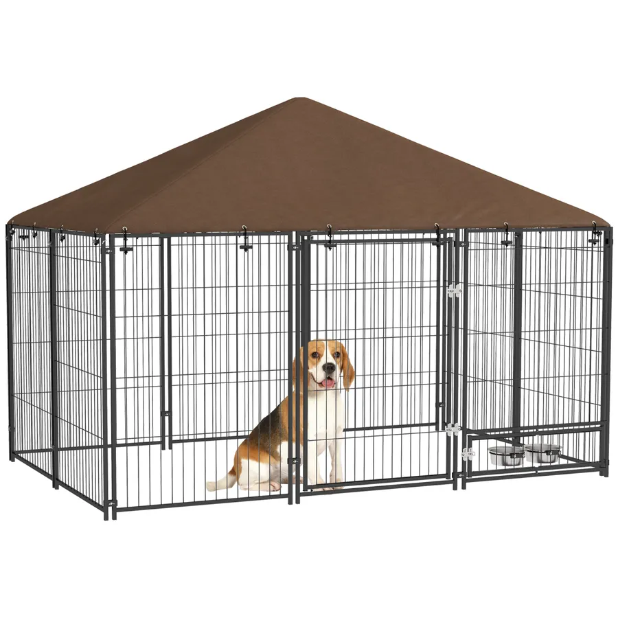 PawHut Outdoor Dog House Kennel with Canopy Top & Lock Rotating Bowl Holder | Wag & Ride product image 1
