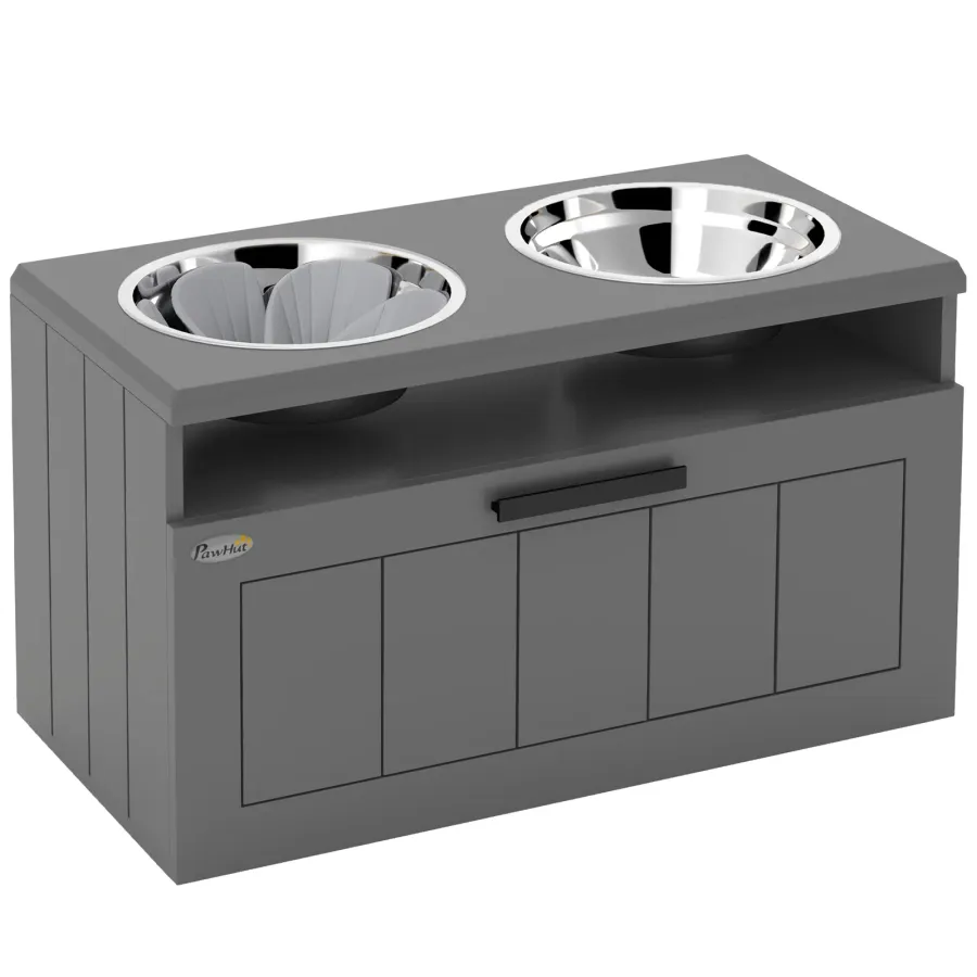PawHut Raised Dog Bowl with Slow Feeder, Two Stainless Steel Dog Bowls, Drawer | Wag & Ride product image 1