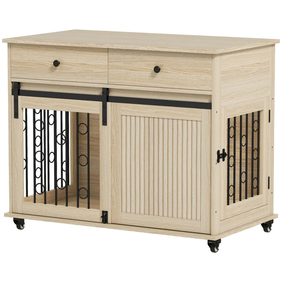 PawHut Dog Crate Furniture on Wheels, Dog Cage with 2 Drawers, Sliding Door | Wag & Ride product image 1